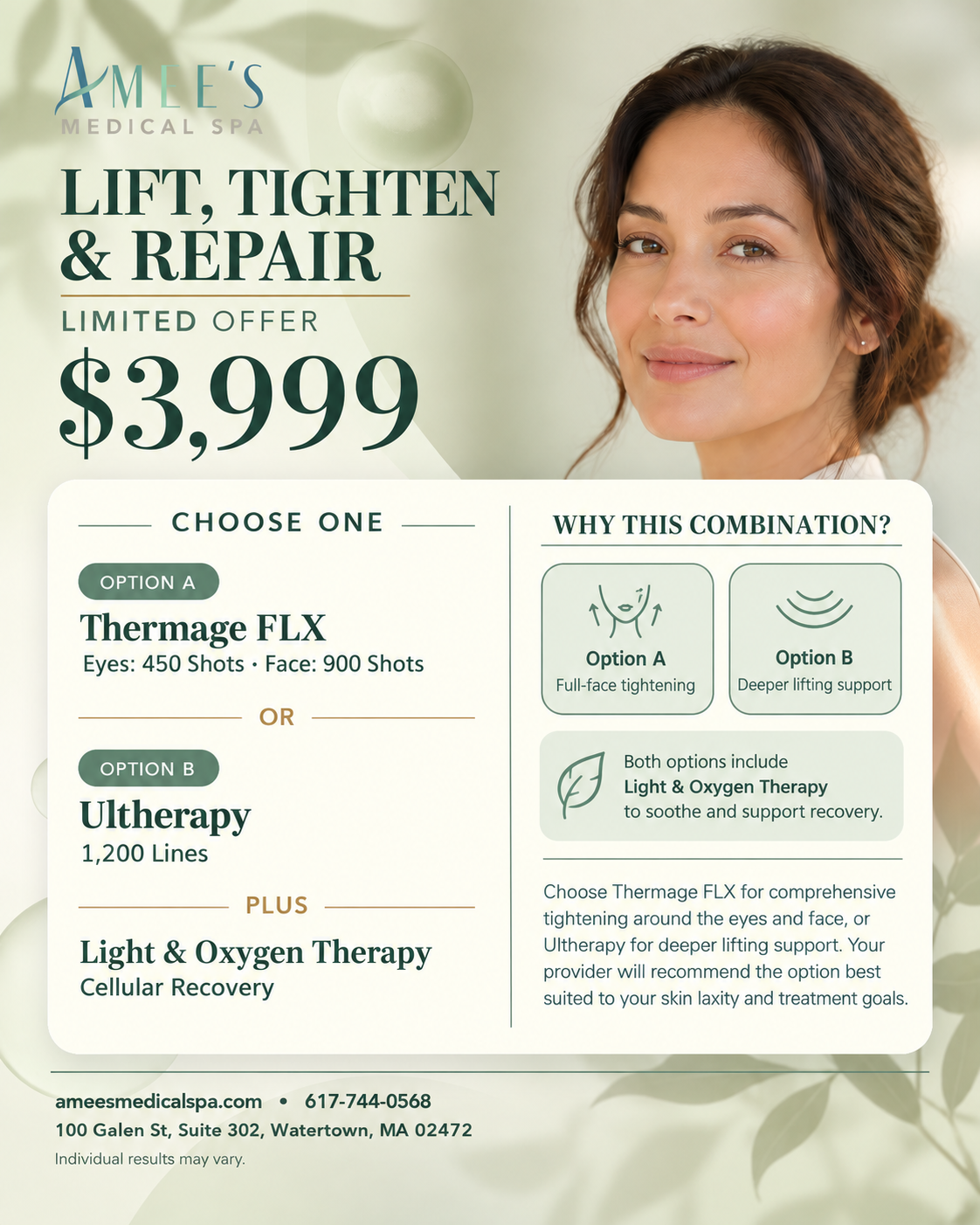 Amee’s Medical Spa $3,999 package: Thermage FLX eyes and face or Ultherapy, plus Light & Oxygen Therapy.